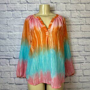 Shenanigans Tie Dye Multicolor Split Neck Long Sleeve Sheer Top Womens Size L